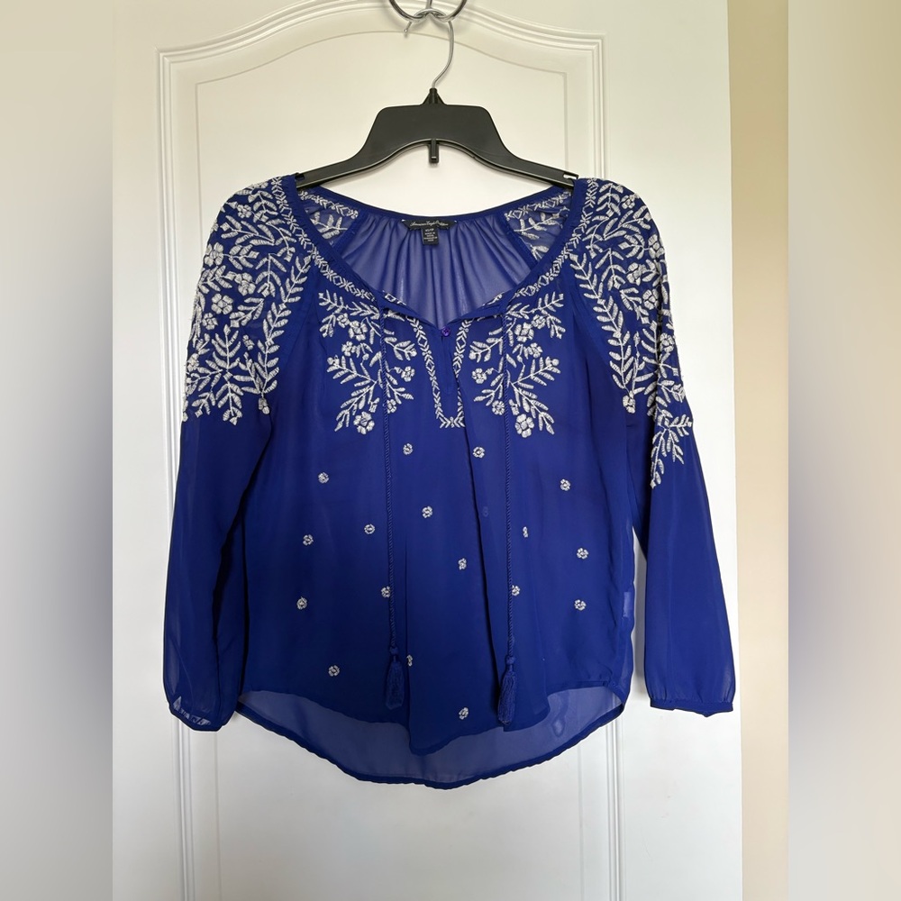 American Eagle Blue Embroidered Women's Top